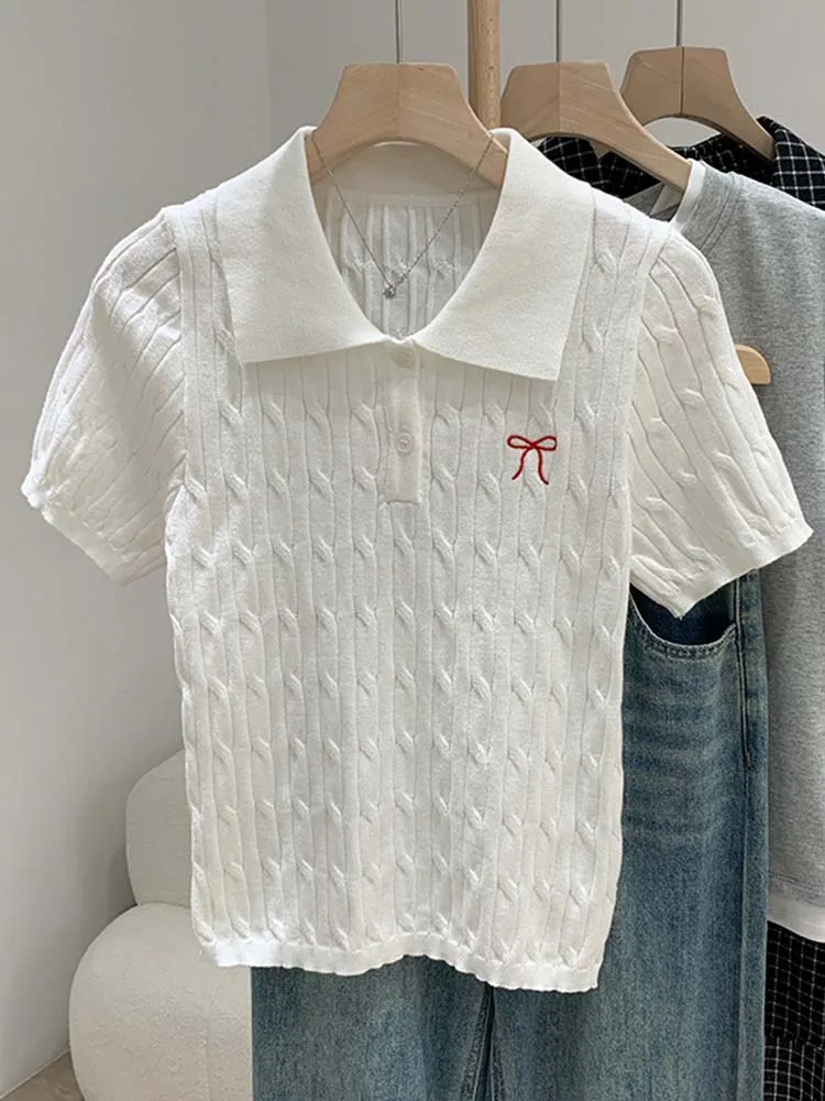 

Свитер с воротником-поло, женский летний свитер 2025, Новое поступление, корейский стиль, белые свитера с короткими рукавами, пуловеры, женские рубашки, топы