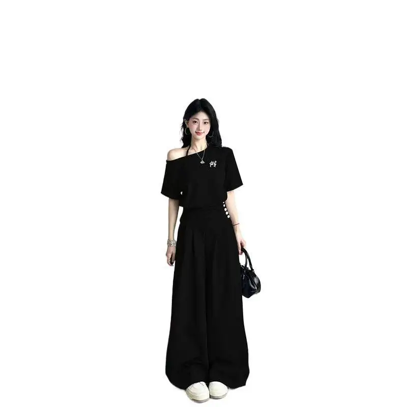 2025 Fashion Salt Style Girl Casual Sports Suit for Women One-Shoulder Waist-Cinching Short Sleeve Wide-Leg Pants Two-Piece Set