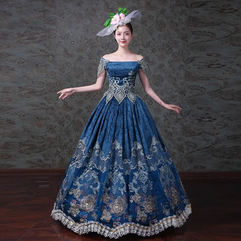 

Medieval Elizabeth Gothic Victorian Princess Queen Off Shoulder Court Noble Palace Party Blue Masquerade Ball Gown Bride Dress
