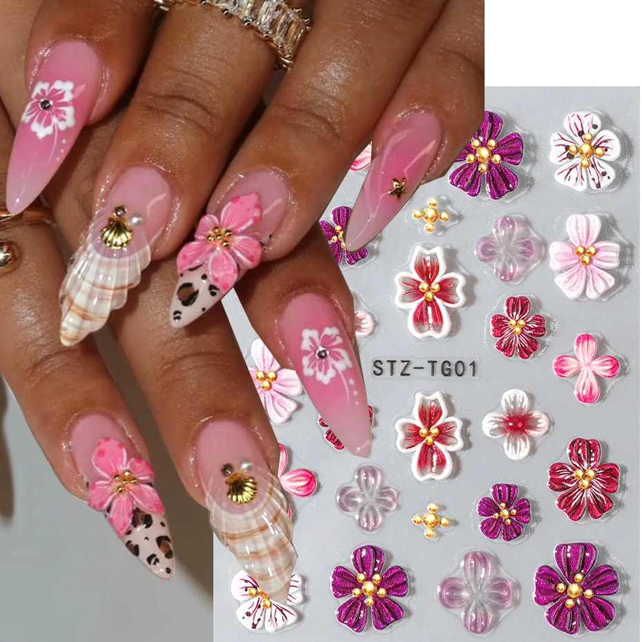 Hipster pur violet rose fleurs Rose printemps Lily camélia marguerite gelée fleur de cerisier Magnolia Nail Art autocollants manucure décalcomanies