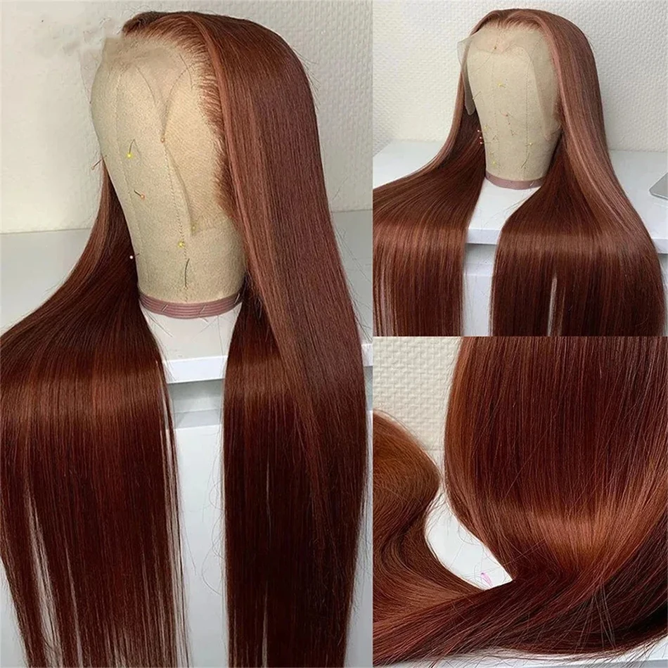 Peruca frontal de renda reta para mulheres, cabelo humano pré-arrancado, vermelho escuro, marrom avermelhado, 13x4, 13x6, HD, 30 pol, 32 pol