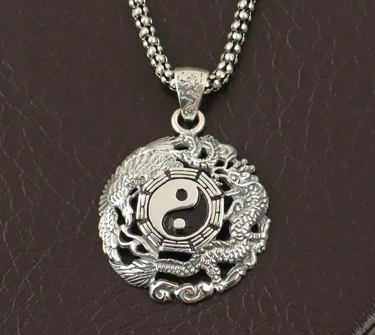 Handmade S925 Silver Colour Dragon Pendant Vintage Thai Silver Colour Dragon Feng Shui Taichi Symbol Pendant Pure Silver Pendant