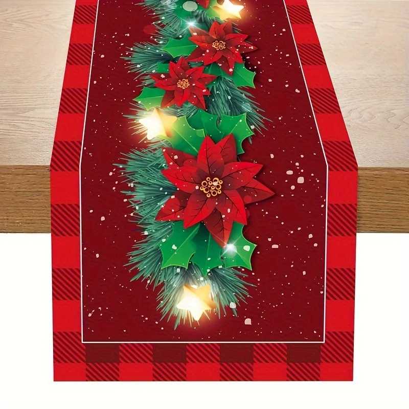 Elegant Xmas Floral Table Runner Red Check Border Poinsettia Pine Print Table Flag Winter Festival Dining Table Decor