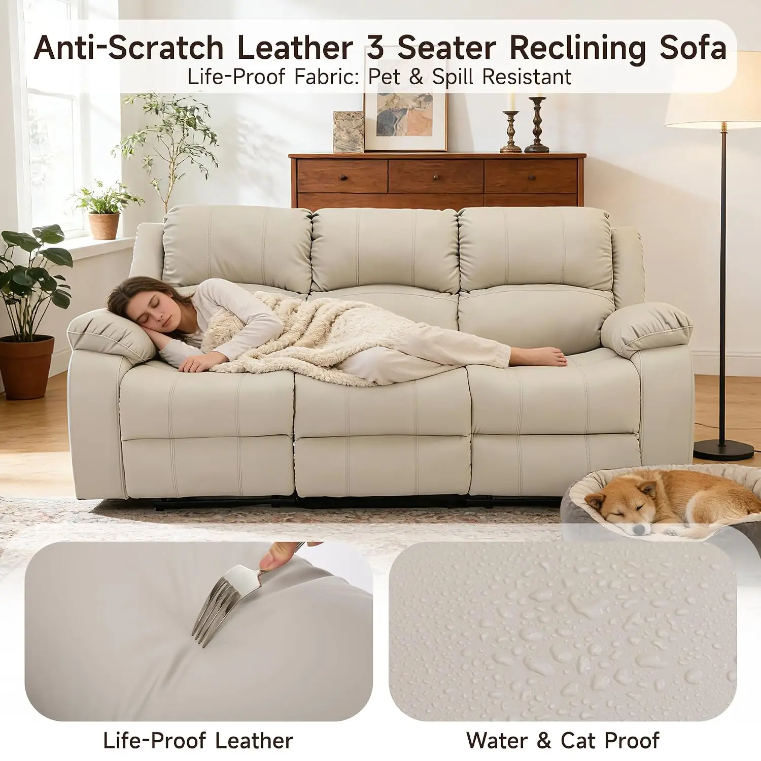 Anti-Scratch Leather Reclining Sofa Set, Grey, Customized