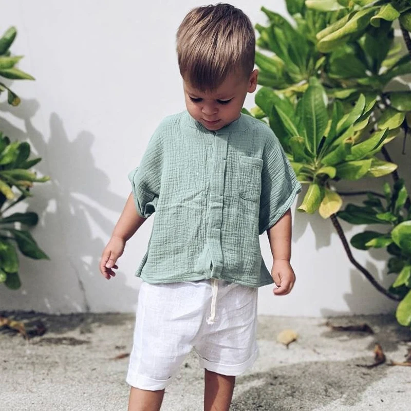 100% Cotton Muslin Boys T-shirt 2022 Summer New Children's Casual Loose Short-Sleeve Pocket Tops TZ057