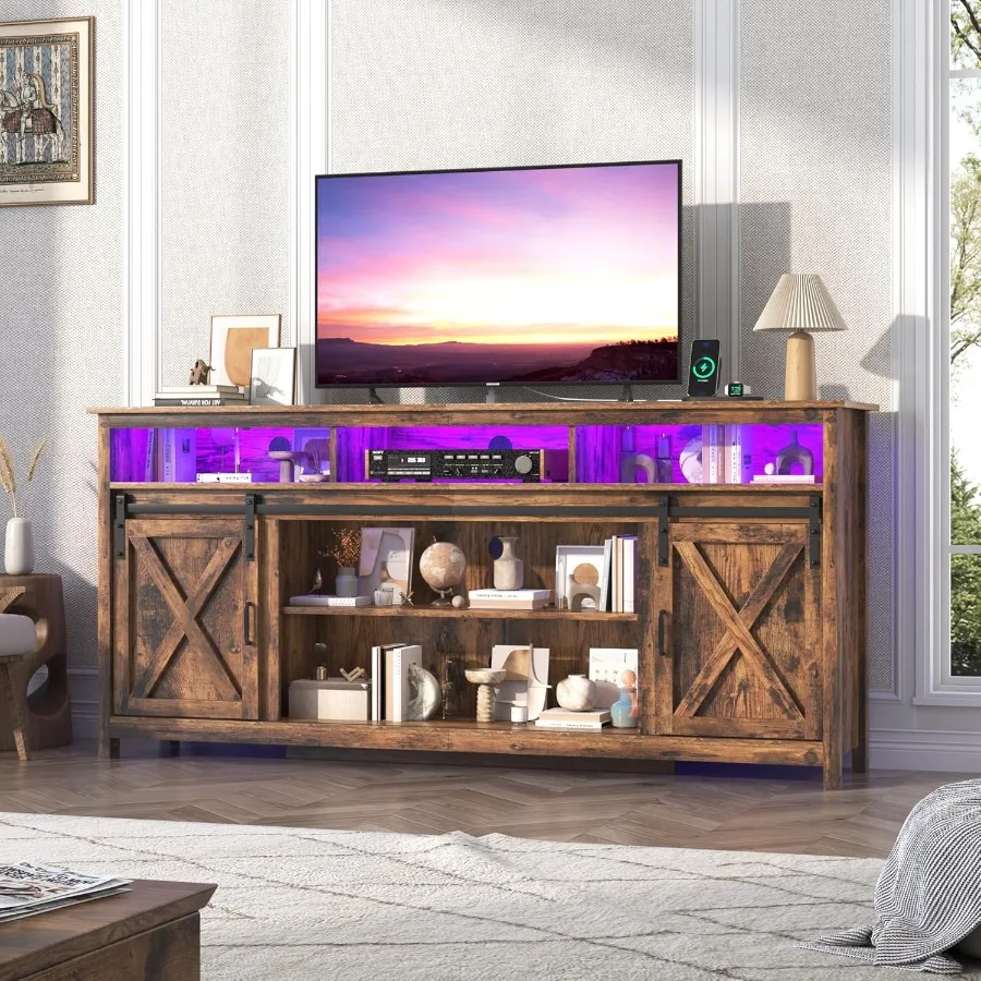 Farmhouse TV Stand for 80 75 Ih TV with Power Outlet Entertainment Center with Storage and Sliding Barn Doors Wood Media Consol
