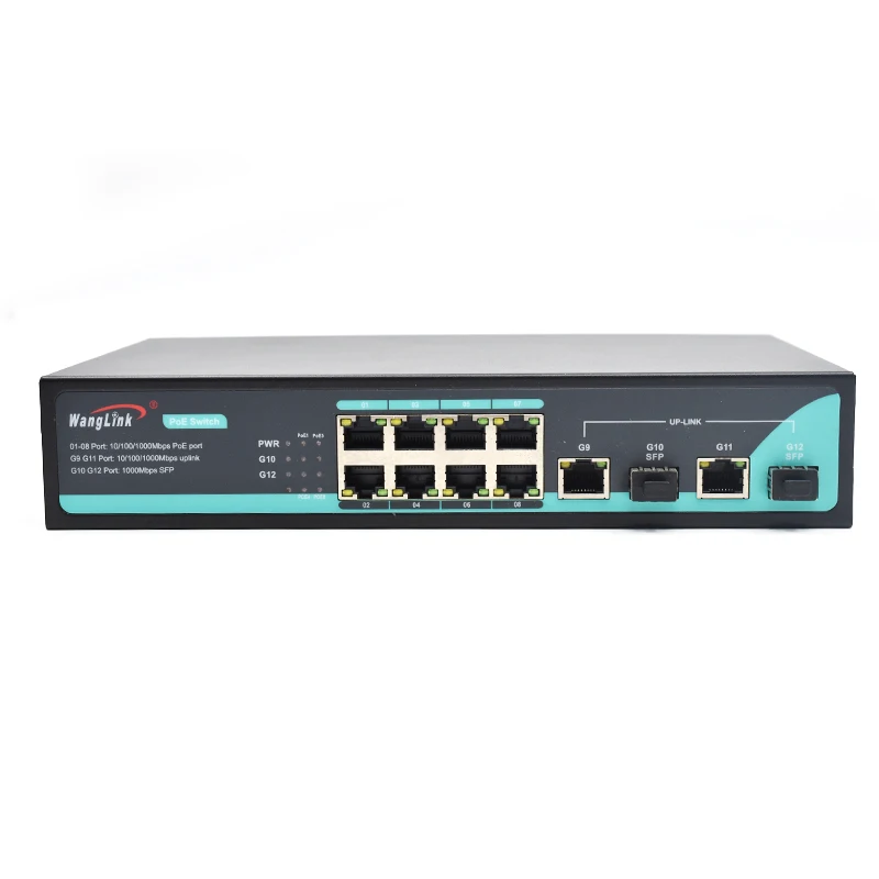10/100/1000Mbps 8 Port PoE Switch Gigabit 2 SFP 120W Power Supply Metal Case Desktop Wall Rack Mount Cameras