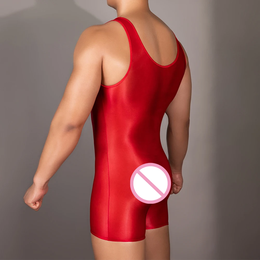 Mens Stretchy Sleeveless Leotard Oily Sheer Perspective Jumpsuit Swimwear High Elastic Shiny Bodysuit Seductive Lingerie
