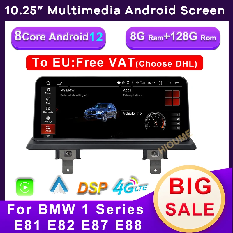 

10.25" 8 Core 8G+128G Android 12 Car Multimedia Player GPS Navigation Radio for BMW 1 Series 120i E81 E82 E87 E88 Carplay Auto