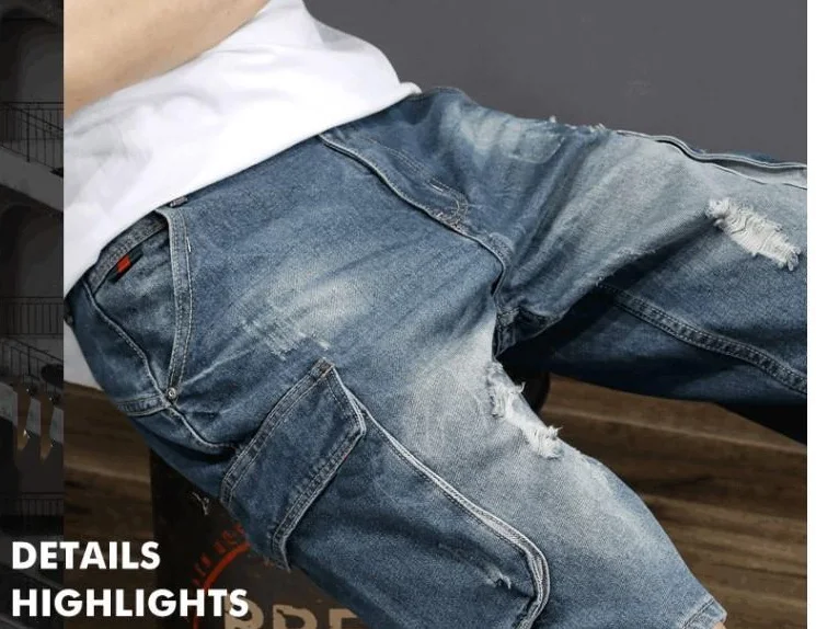 Men Jeans Summer Loose Male Wide Leg Knee Length Shorts Summer Multi Pocket  Washed Denim Shorts