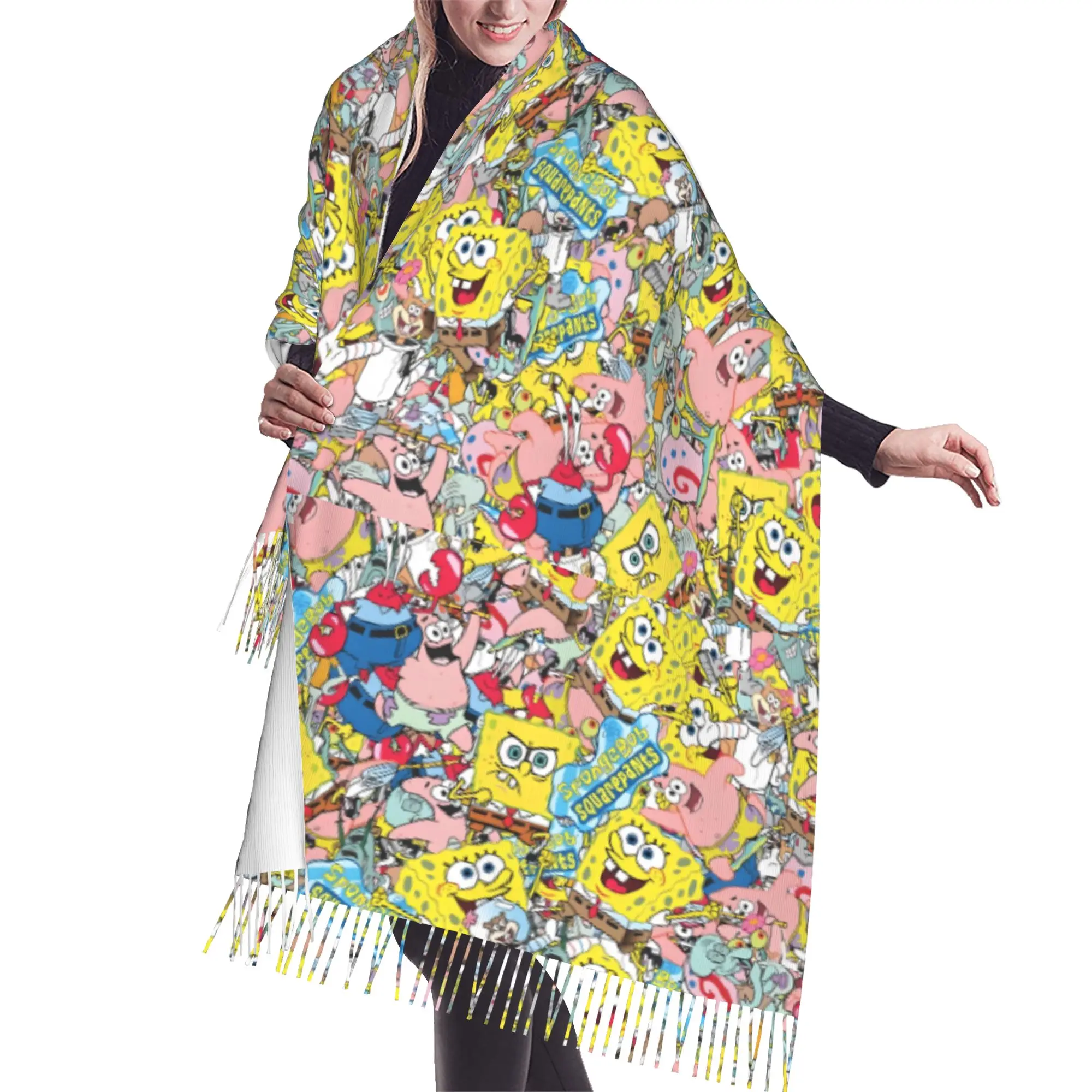 Custom Ladies Large S-Sponges Anime Bobes Scarves Women Winter Fall Thick Warm Tassel Shawl Wraps Starfish Cartoon Scarf