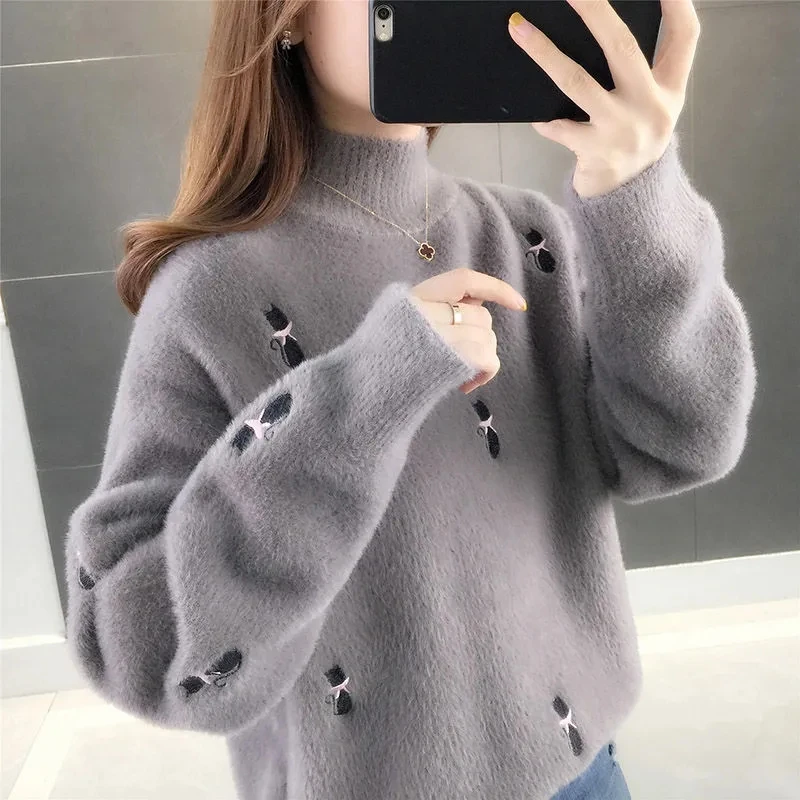 

2023 New Imitation Mink Velvet Sweater Women's Pullover Autumn Winter Loose Thicken Soft Knitted Tops Female All-match Jumper