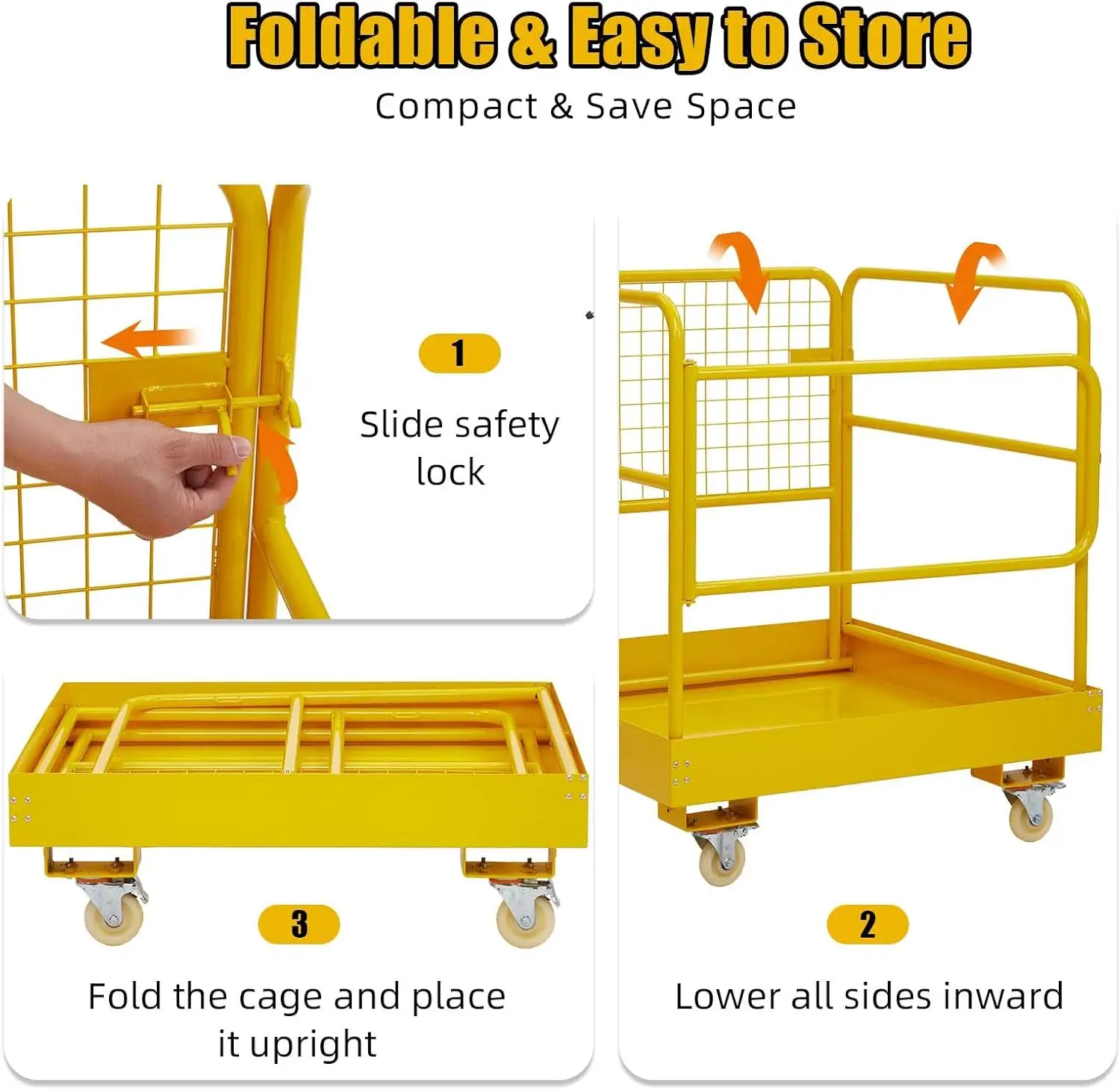 Gabbia di sicurezza per carrelli elevatori, piattaforma da lavoro pieghevole per carichi pesanti da 36"x36" pollici, capacità di 1200 libbre con 4 ruote universali