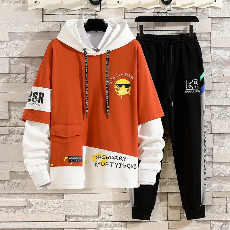 

2023 fake two pieces sport suits pocket mens hoodie pants 2 piece matching sets outfit clothes for men tracksuit sweatshirts 161
