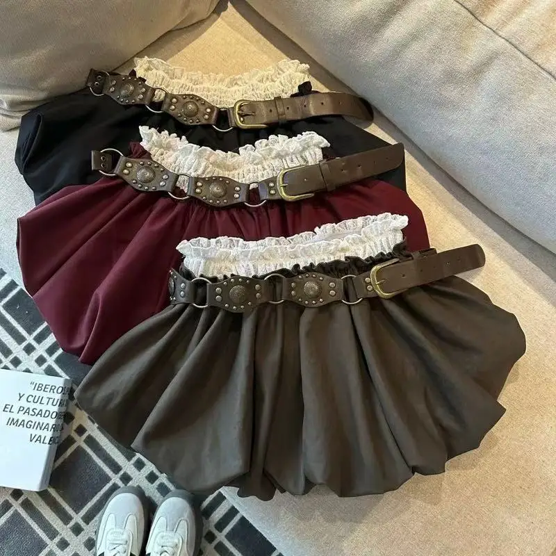 

Bust Skirt Women's Autumn High Waist A-shaped Bud Tutu Skirt Lace Splicing Pleated Skirt with Belt