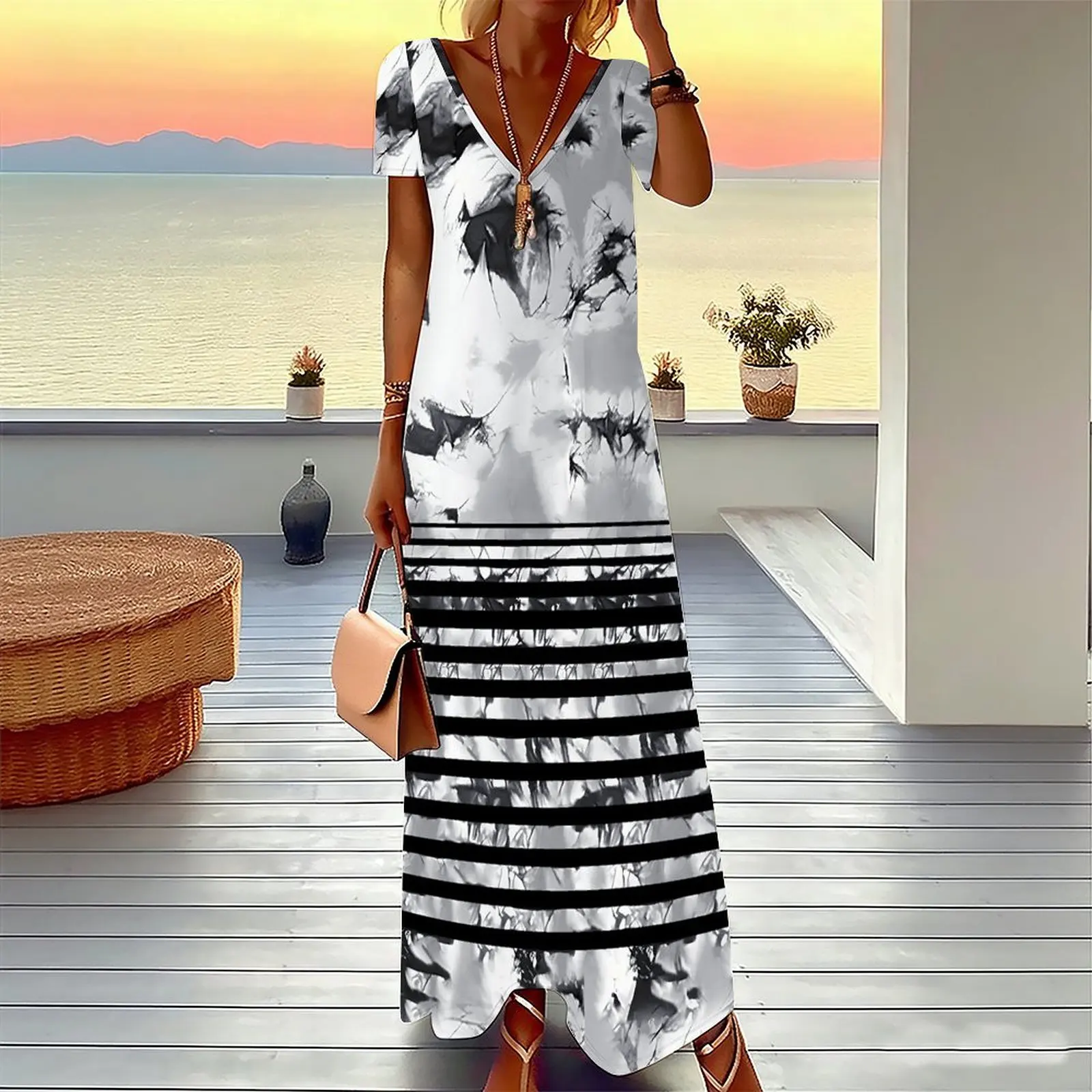 Women's Print Deep V Neck Short Sleeve Maxi Dress Loose Fit Casual Floor Length Vacation Sundress
