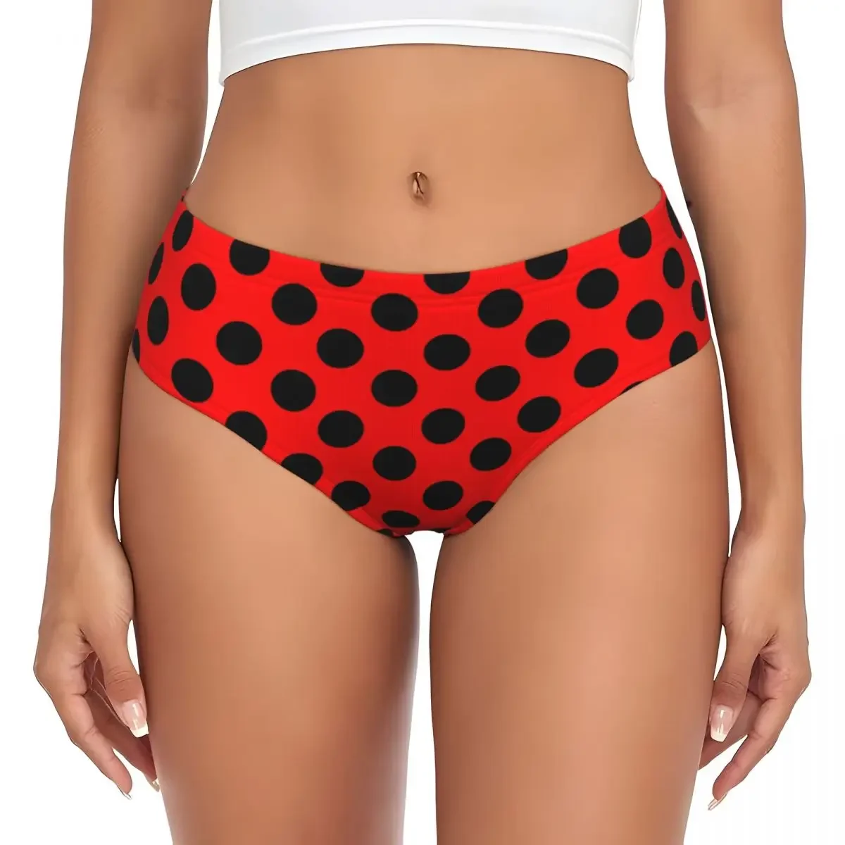 

Custom Fashion Black And Red Polka Dot Brief Panties Women Breathable Stretch Underwear