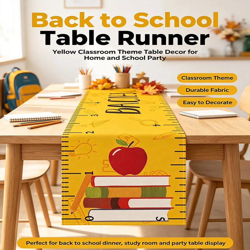 Linen Back to School Table Runner, First Day of School Decor for Kids Classroom Dining Table Home Party Decoration