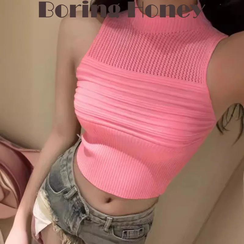 Boring Honey Middle High Collar Hollow Out Women's Clothes For Summer Solid Colour Short Crop Tops Knitted Sleeveless Tops Women