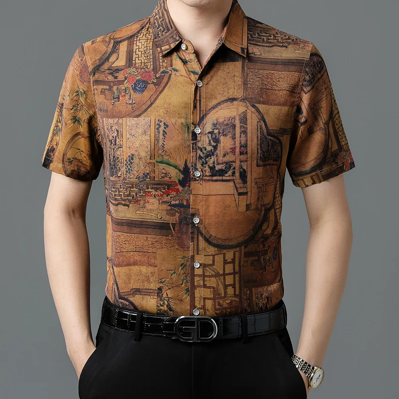 

New 2023 Mens Fashion Printing Tops Summer Silk Clothes Male Short Sleeve Social Shirt Flowers Print Silky Smooth Dress Shirts