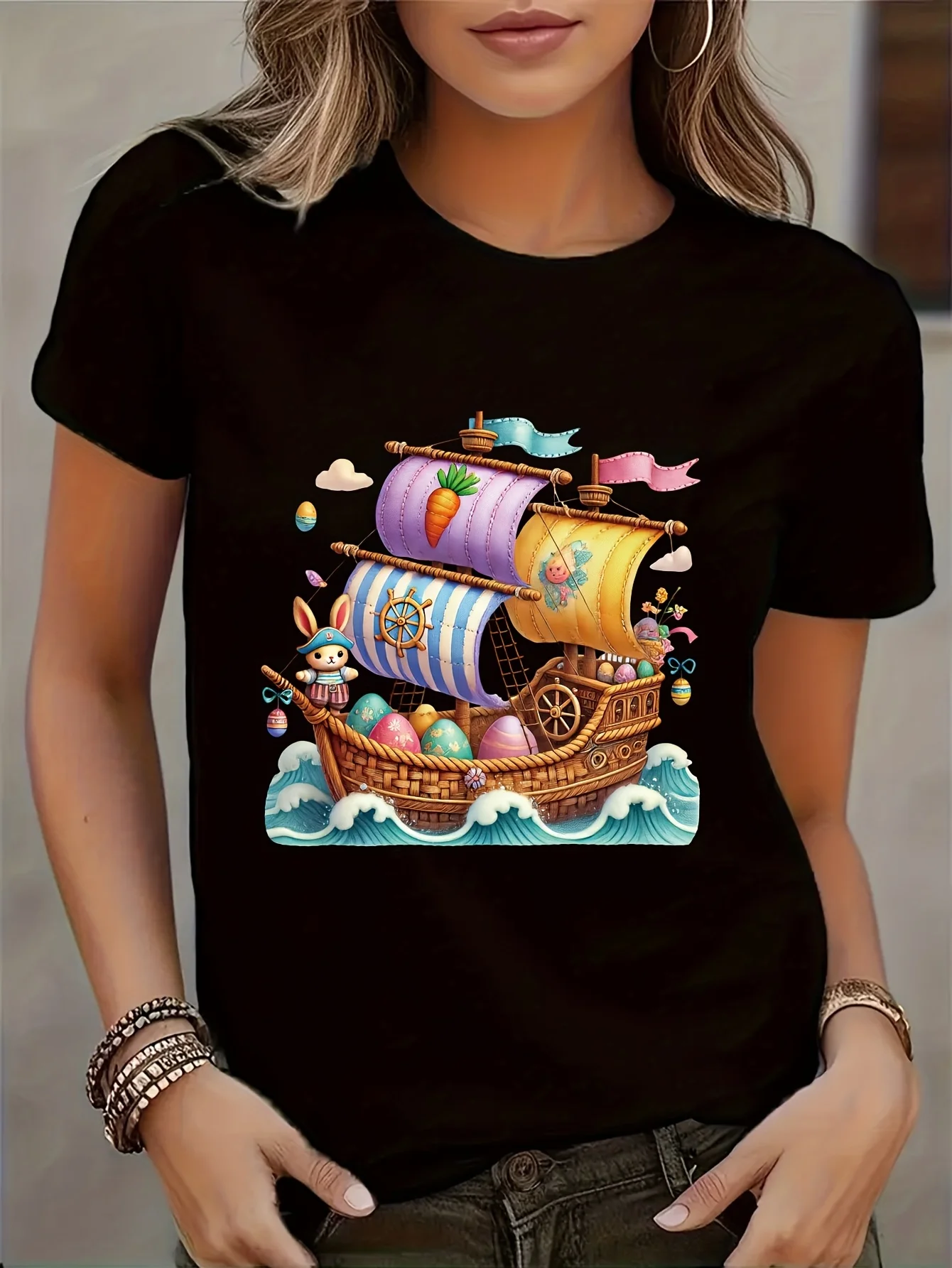 Women'S  Comfortable Easter Pirate-Themed Colorful Nautical Design with Bells Sails Casual Crew Neck Short Sleeve