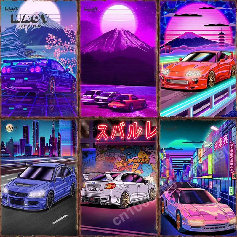 pistola airsoft metal decoracLetrero de Metal de neón de carreras callejeras de Tokio, Mural Synthwave Street Art Car, decoración del hogar, regalo para niños, carteles de hojalata, carteles de pintura de arte de pared