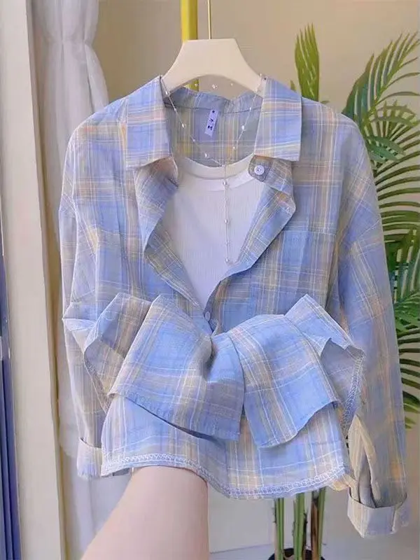 Blue Plaid Women's irt Thin Breathable Long Sve Summer Lazy Sle Faionable Outerwear Design Korean Loose Fit Polyester