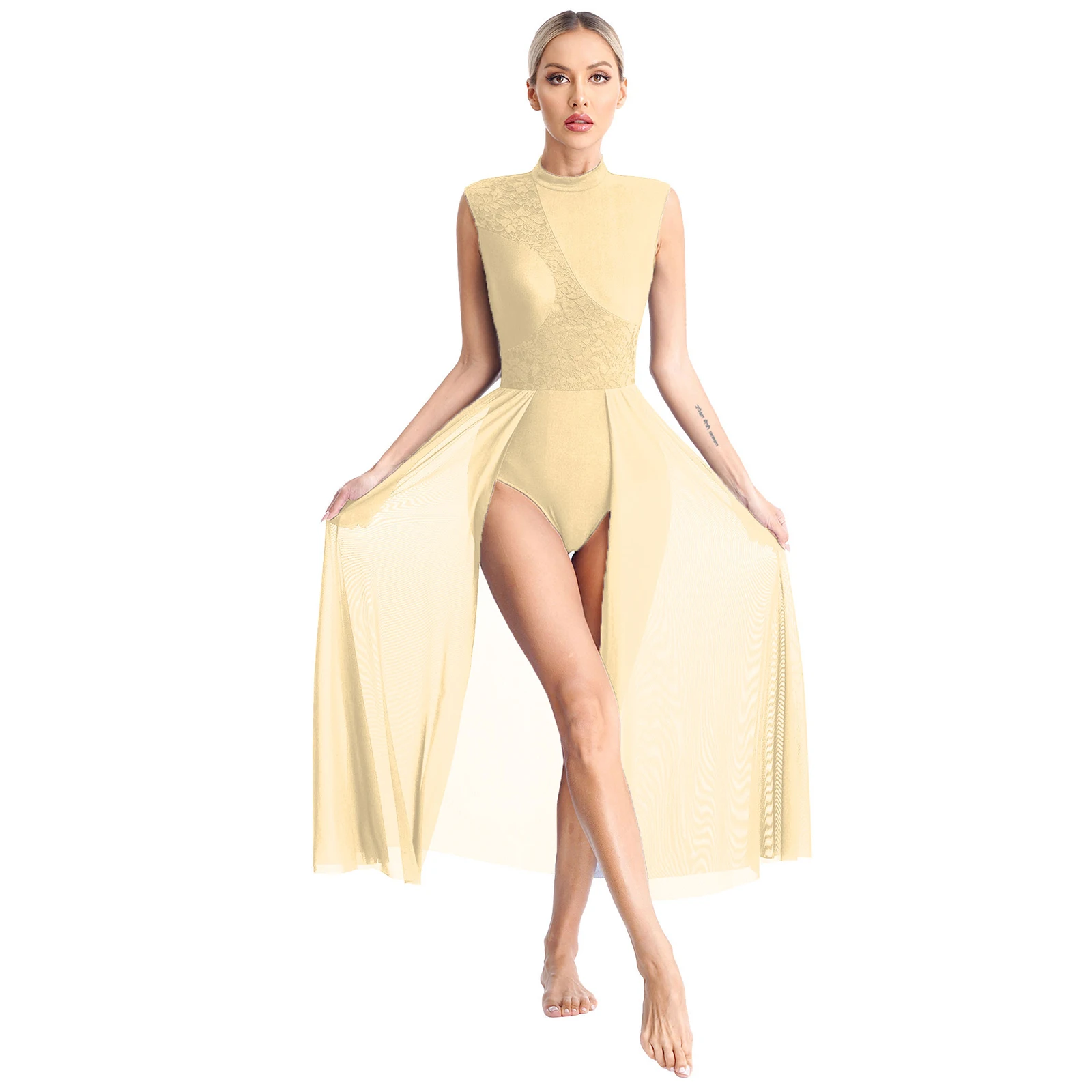 Adult Womens Ballet Lyrical Contemporary Dance Gown Sheer Mesh Dancewear High Neck Sleeveless Dress Fringed Performance Costume