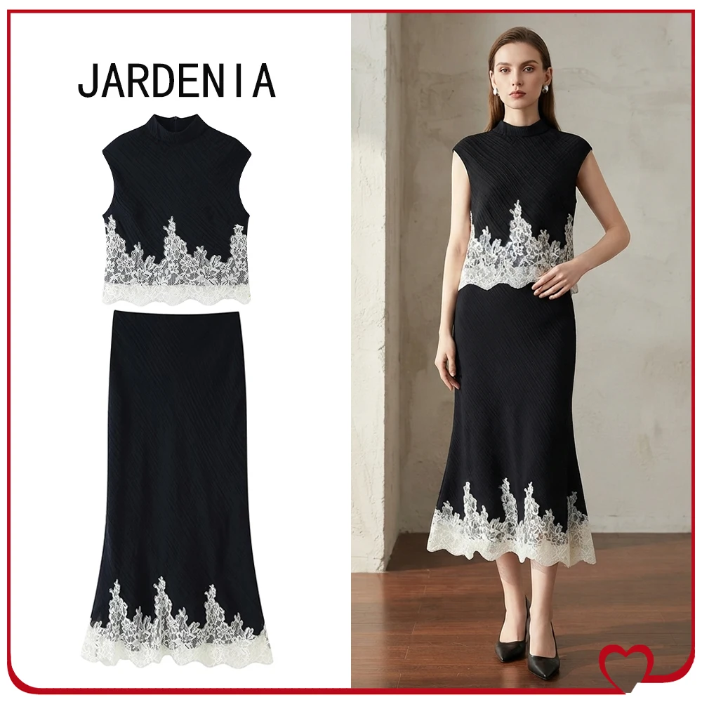 Stylish Lace Trim 2 Piece Sets for Women Summer Crinkle-effect Skirt Set Combined Lace Cropped Top Matching Lace Trim Midi Skirt