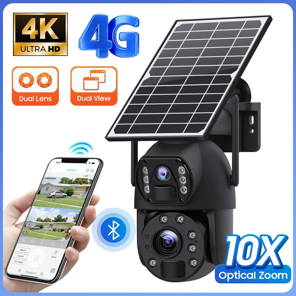 

8MP 4G Sim Card Dual Lens Panoramic Camera Home Security 10X Zoom Outdoor Panoramic Camera Solar Battery Powered IP PTZ Camera