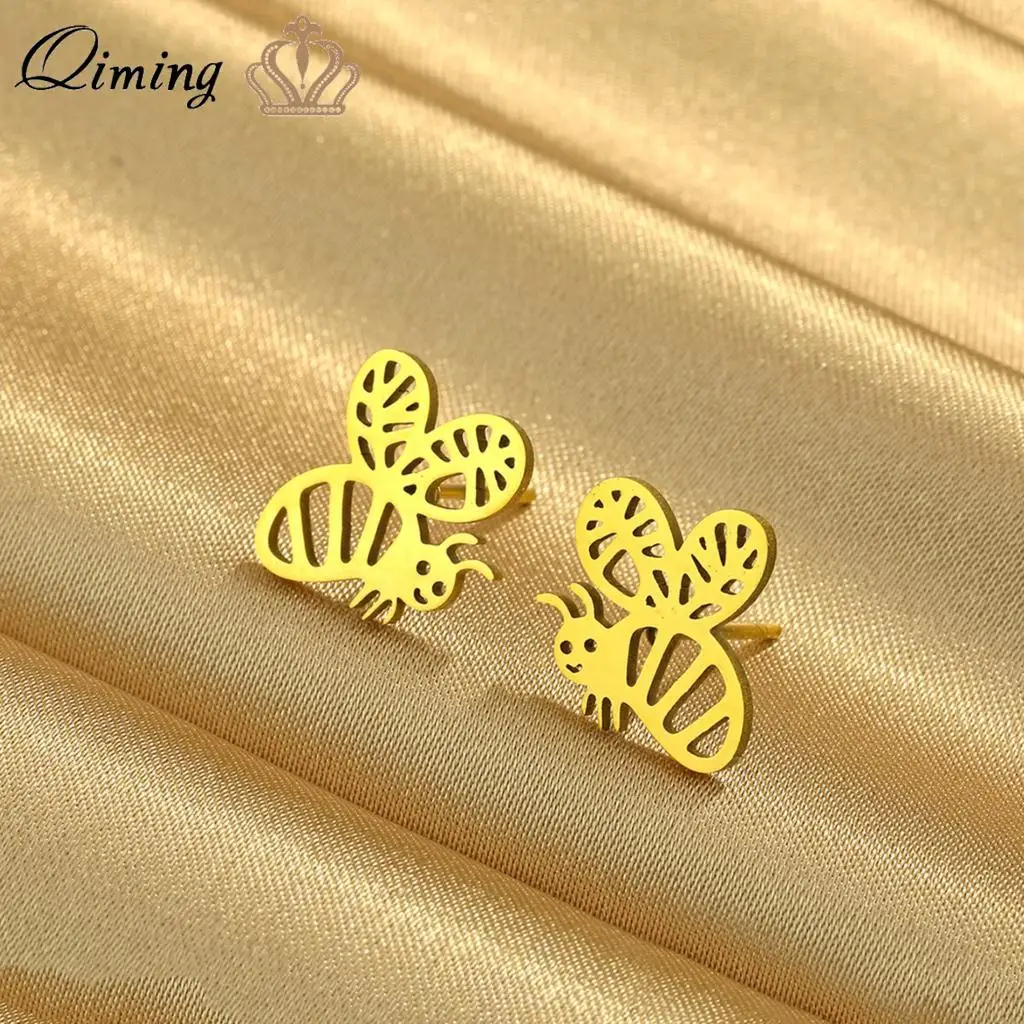 QIMING Lovely Insect Honeycomb Bee Stud Earrings Women Stainless Steel Jewelry Statement Earrings Birthday Gifts