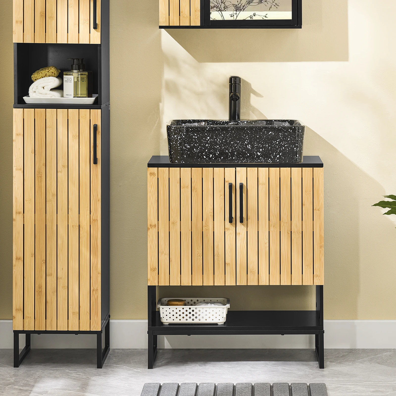 SoBuy BZR202-SCH Waschbeckenunterschrank 60 cm breit mit Bambus Tür & Metallfüßen höhenverstellbare für kleine Bäder Gäste WC