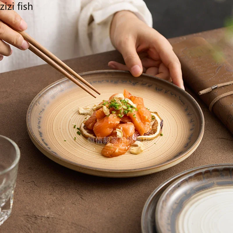 Kiln Changes Ceramic Steak Plate Retro Dessert Plate Salad Plate Cake Plates Pasta Dish Serving Plates Restaurant Tableware