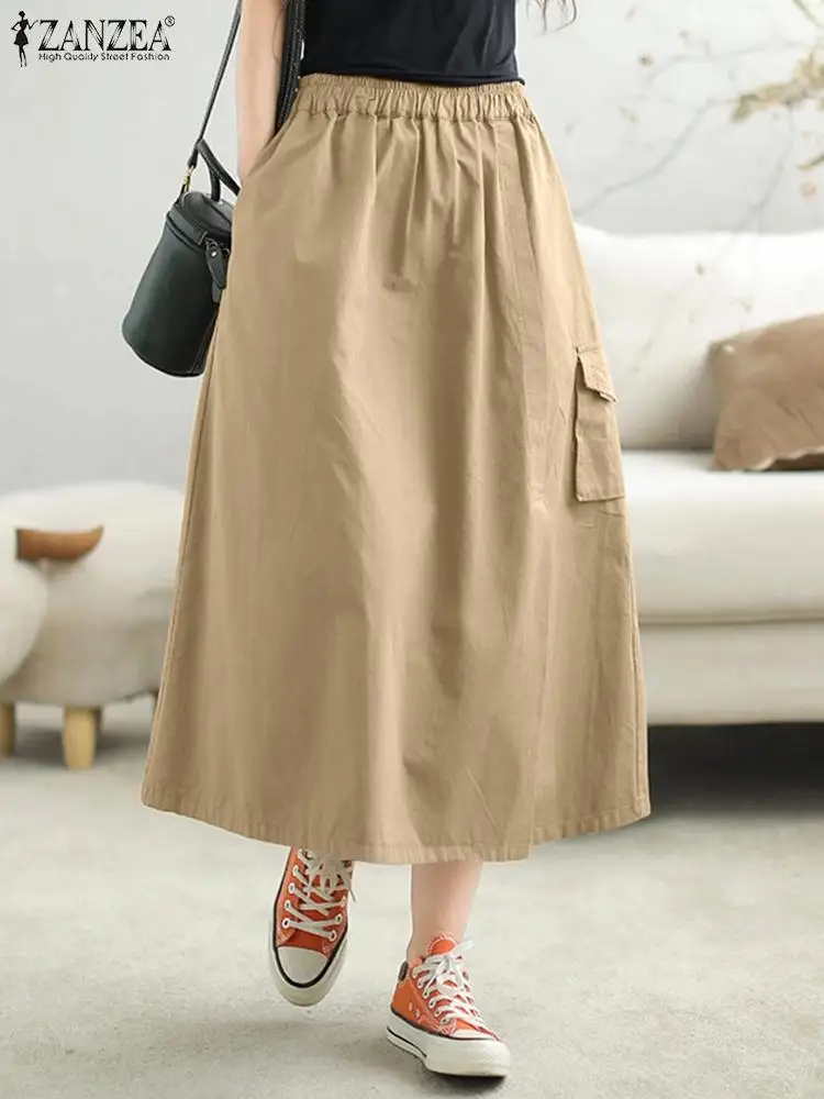 ZANZEA Women Cargo Midi Skirts 2024 Vintage Big Pockets Faldas Casual Loose Solid Jupes Spring Elastic Waist Skirts Streetwear