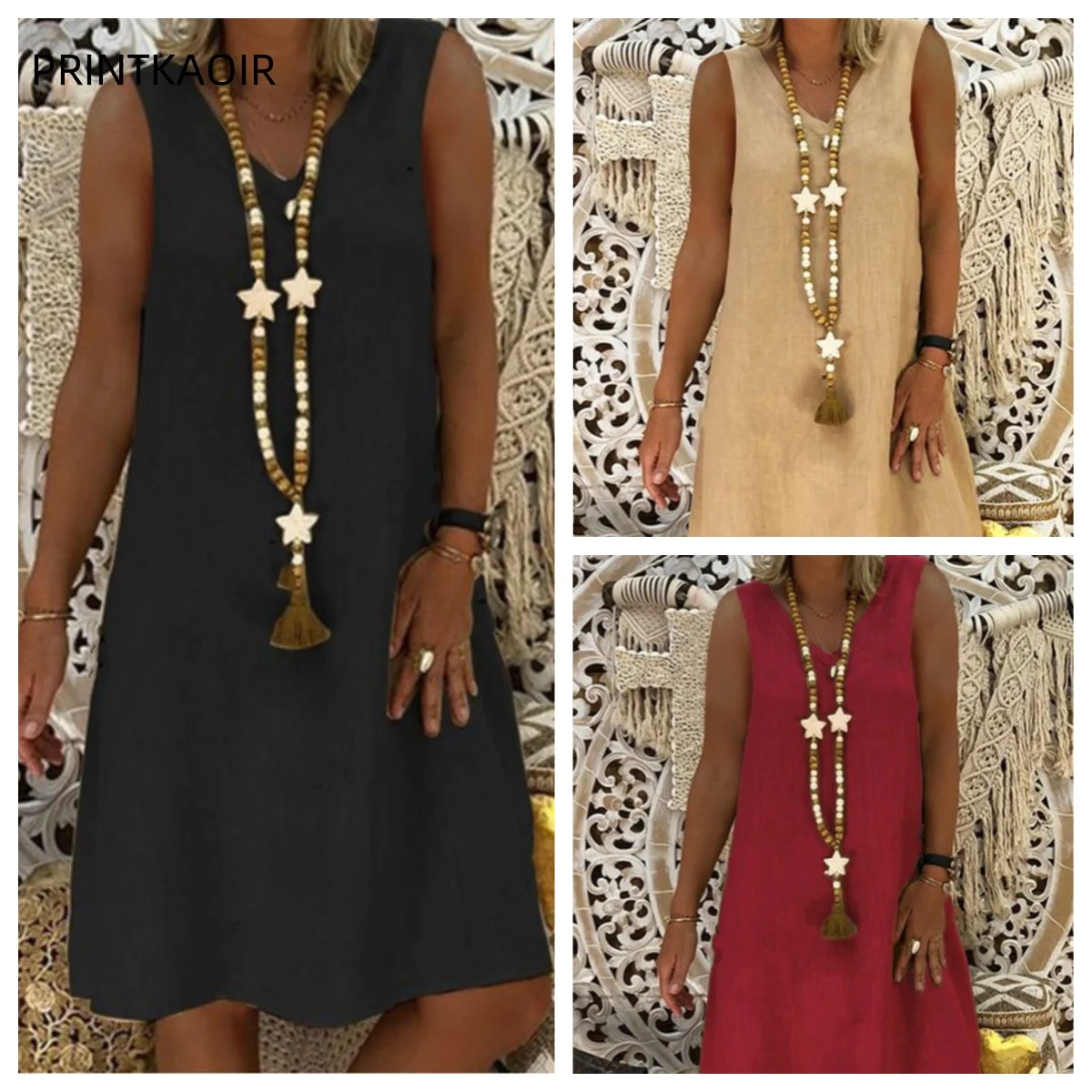 فساتين نسائية من الكتان القطني البوهو ، رقبة على شكل حرف V ، أكمام قصيرة ، فستان فضفاض غير رسمي متوسط الطول ، موضة الشارع النسائية ، الصيف ، #1