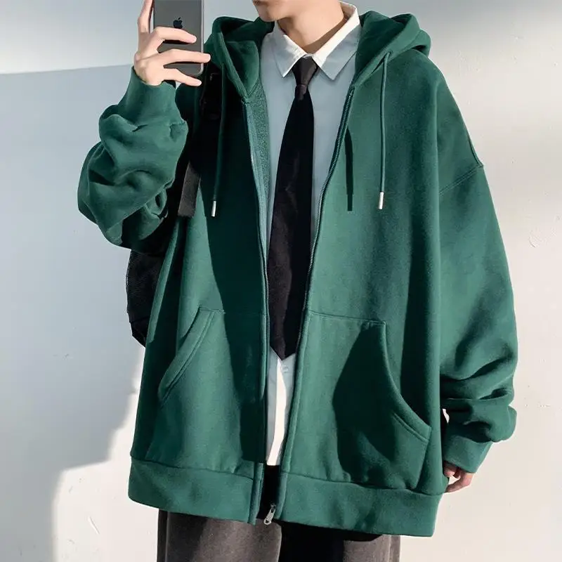 

Zipper Cardigan Sweatshirt, Men's Hong Kong Trend Brand Loose Hooded Jacket, Trendy Autumn And Winter Youth Solid Color Top