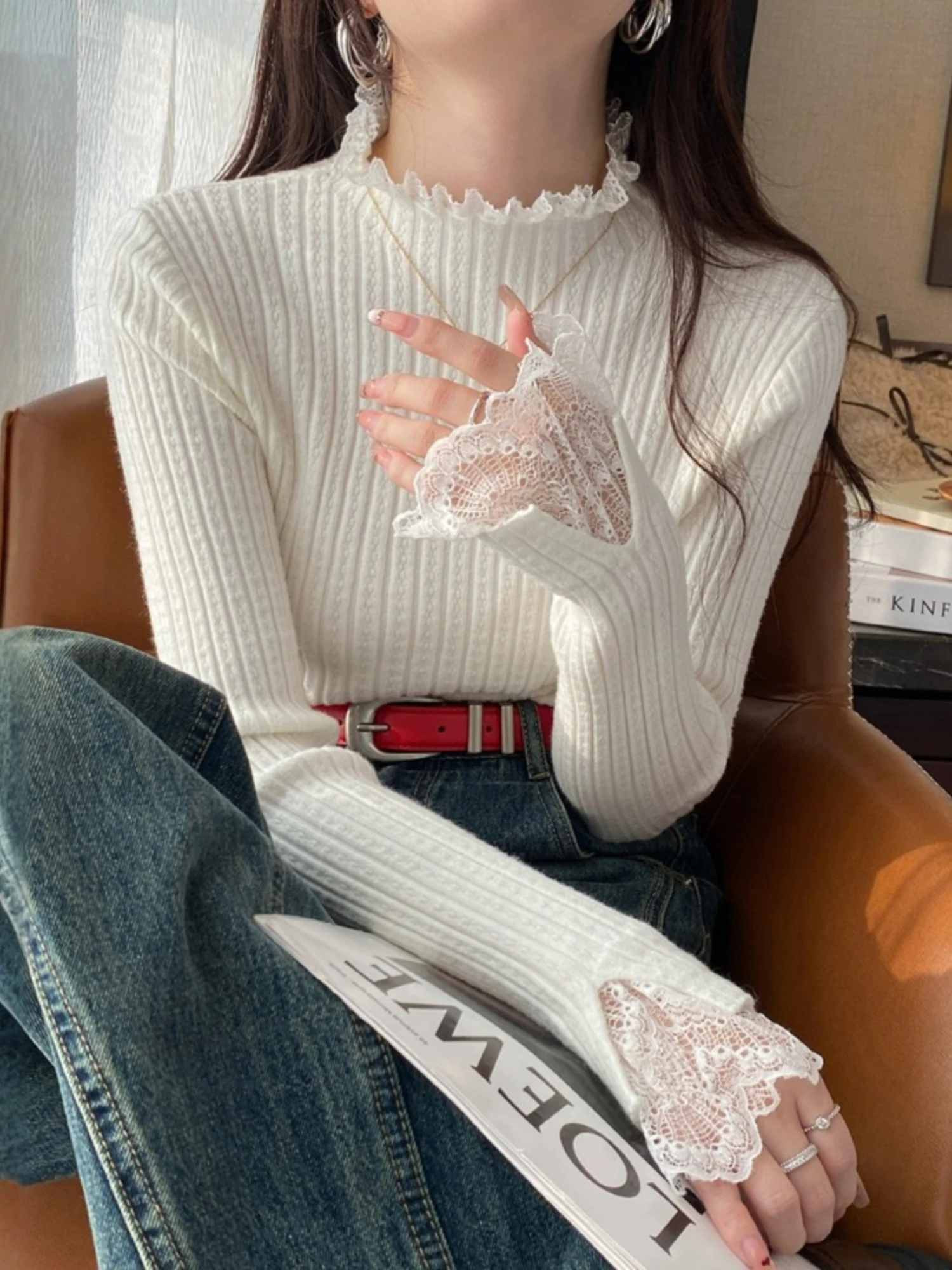 Lace Trim Knitted Base Shirt Women's Long Sleeve Half High Collar Layering Top Luxury Style Soft Fabric Regular Fit Inner Wear