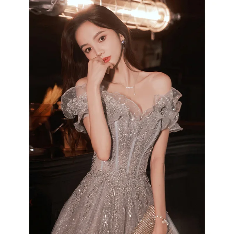 2024 Elegant Gray Flowers Evening Dress Off Shoulder Shiny Sequin Lace A-line Ruched Lace Up Woman Formal Party Prom Gowns