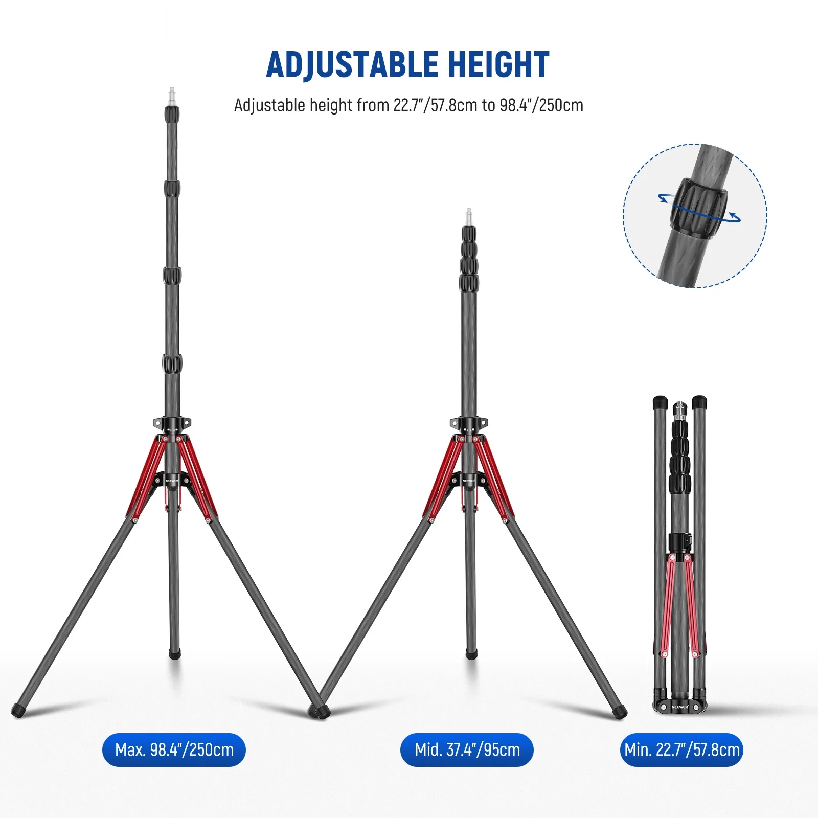 NEEWER ST250R Carbon Fiber Light Stand with 180° Reversible Legs 1/4