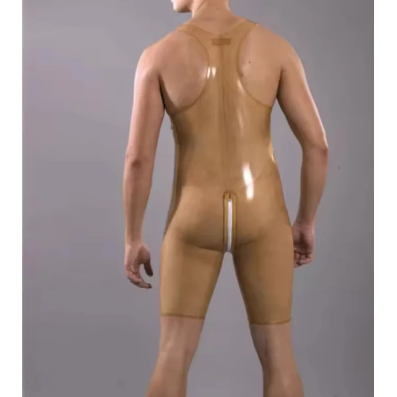 Handmade Transparent Men's Latex Rubber Catsuit Sleeveless Bodysuit Garment Club Wear Jumpsuit Gummi 0.4mm