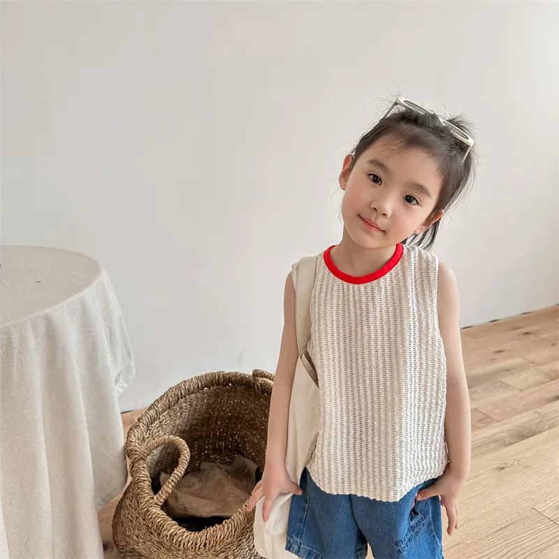 

2023 New Summer Girls Casual Vest Solid Children Sleeveless T Shirts Thin Cotton Kids Breathable Clothing Baby Vest Tee