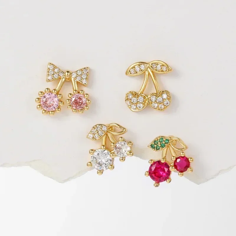 

1 Pcs Real 925 Sterling Silver Zircon Cherry Bowknot Stud Earrings for Women Cute Fine Jewelry Piercing Screw Bead Accessories