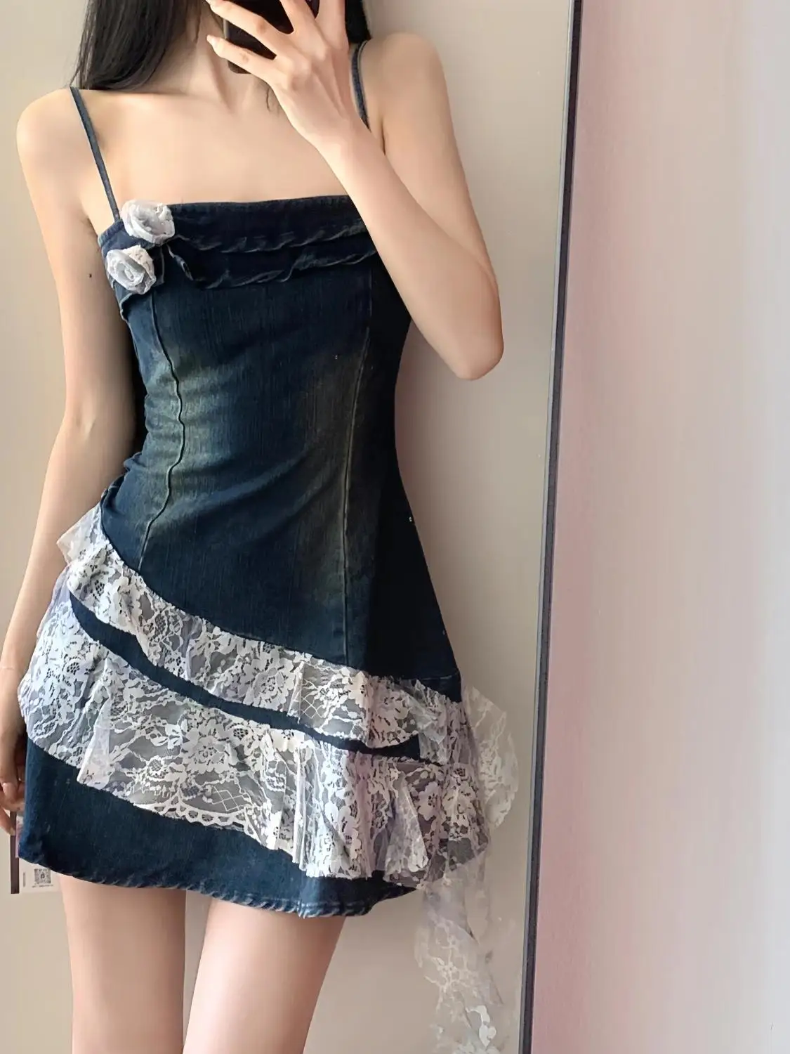 

Lace Spliced Denim Suspender Dress for Women, New Summer Hot Girl Sexy Waist-cinching Irregular Short Skirt