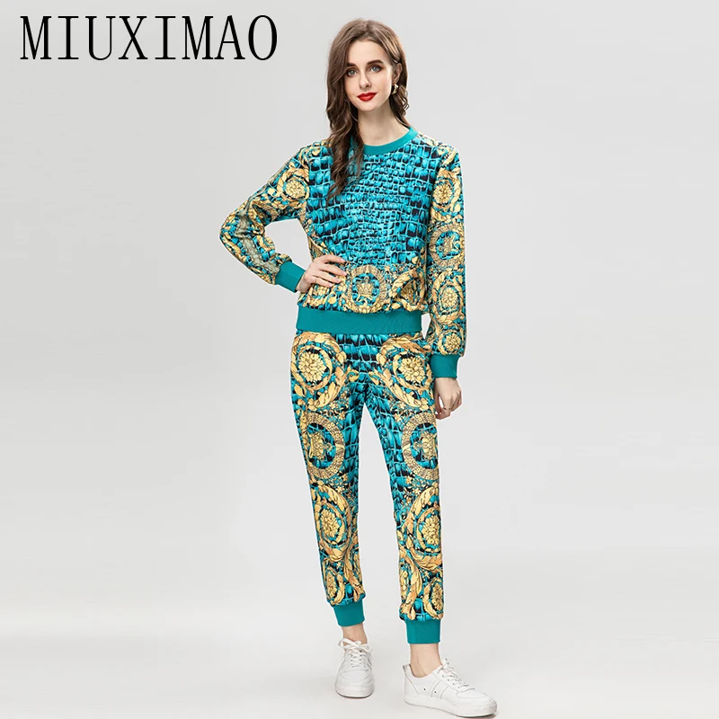 

MIUXIMAO 2023 Fall sets for women 2 pieces Luxury Sicily Elegant Set Prints Top+ Slim Pants Fashion Hooded pants sets Women