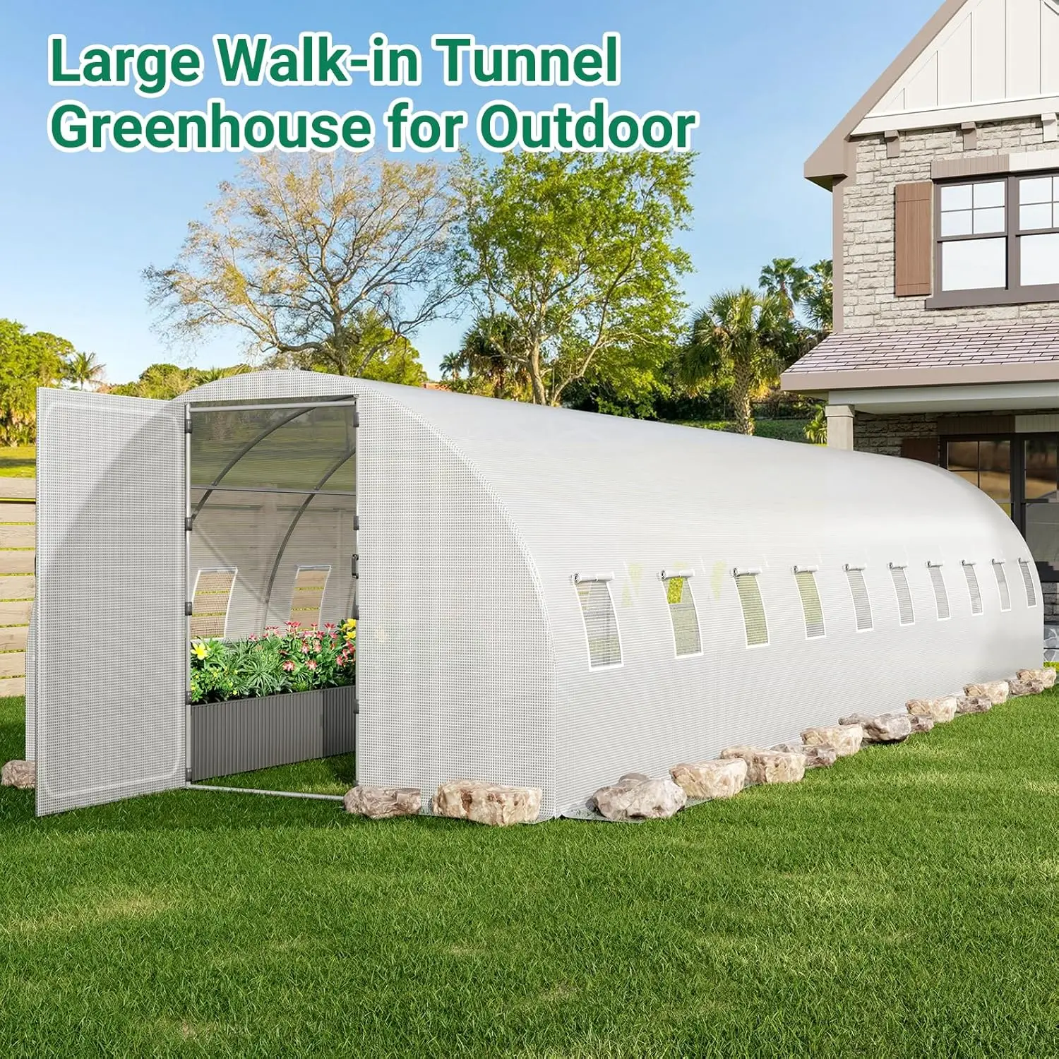 33X10X7 Ft Large Tunnel Greenhouse For Outdoors, Upgraded Swing Doors, Large Walk-In Greenhouse, Heavy Duty Galvanized Steel