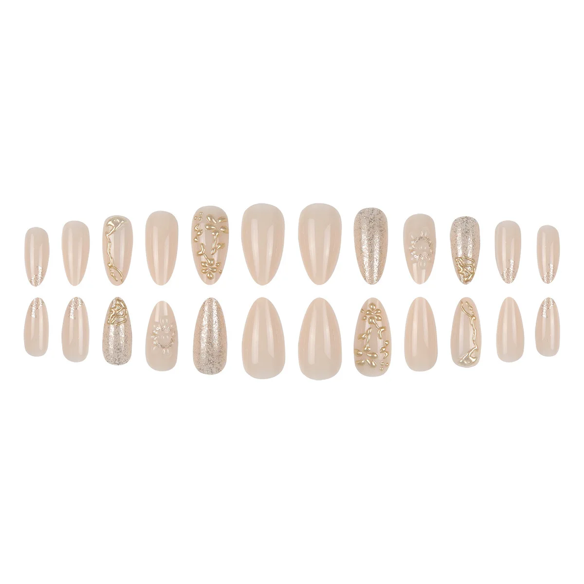 Faux ongles en amande avec colle, 24 pièces, motifs de fleurs 3D dorés, blanc, français, à pression, paillettes, pointes de manucure portables