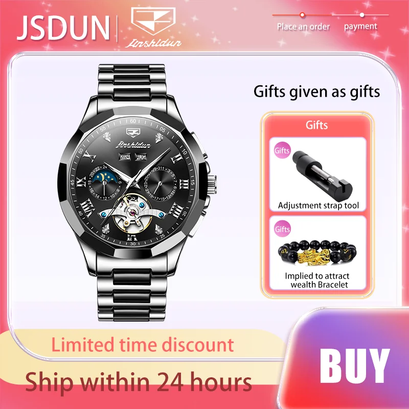 

JSDUN Top Brand Fully Automatic Mechanical Watch Ceramic Tape Men's Watches Moon Phase Luminous Waterproof Original Wristwatch