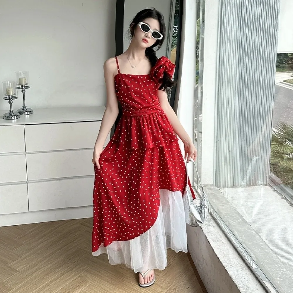 

Красное платье в горошек с оборками в горошек, длинная юбка без рукавов с рюшами для девочек, топ на подтяжках, свободное детское красное платье для вечеринки