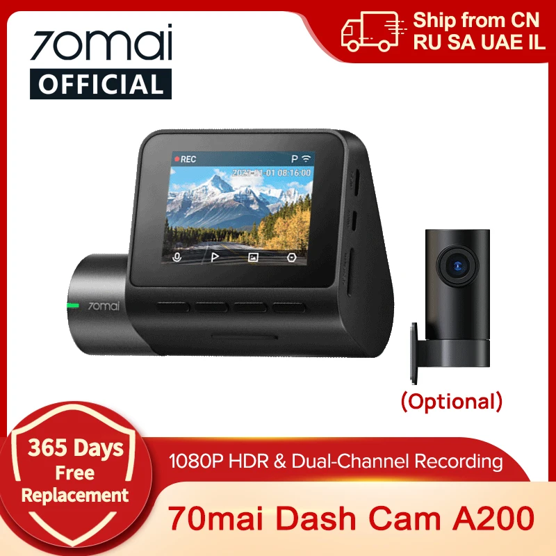 Global 70mai Dash Cam A200 Dual-channel Record 1080P HDR 2'' IPS Screen 24H Parking Monitor Car DVR 70mai A200 WIFI APP 130° FOV