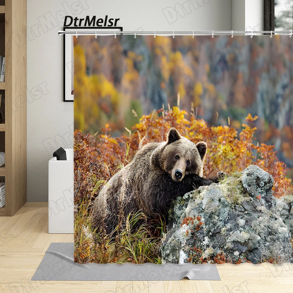 Wild Brown Bear Shower Curtains Funny Animals Autumn Rural Forest Landscape Bath Curtain Modern Fabric Home Bathroom Decor Set